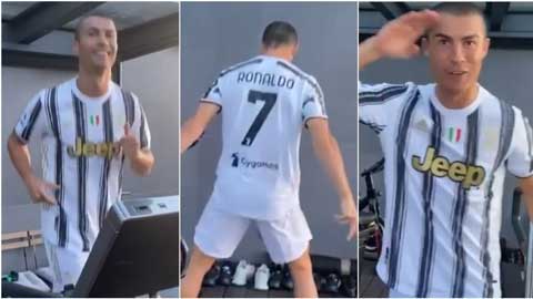 Ronaldo phấn khích ăn mừng điệu quen thuộc khi tập gym tại nhà