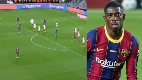 Dembele nhảy múa giữa 3 cầu thủ Sevilla rồi sút xa khiến thủ môn chôn chân