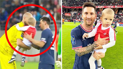 Messi bế con của thủ môn Reims để chụp ảnh vô cùng đáng yêu