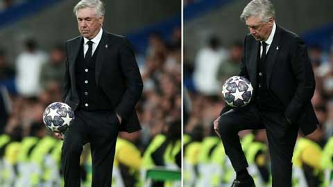 HLV Ancelotti vừa đút tay túi quần vừa liên tục tâng bóng cực ngọt ở trận thắng Chelsea khiến CĐV lác mắt