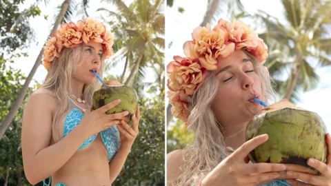 Fan nữ MU, Therese Gudmundsen uống nước dừa cũng đáng yêu
