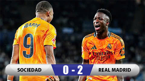 Kết quả Sociedad 0-2 Real Madrid: Song sát Vinicius và Mbappe tỏa sáng