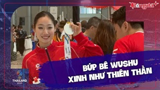 Búp bê wushu Đặng Trần Phương Nhi xinh như thiên thần, tạo dáng bên tấm HCB SEA Games