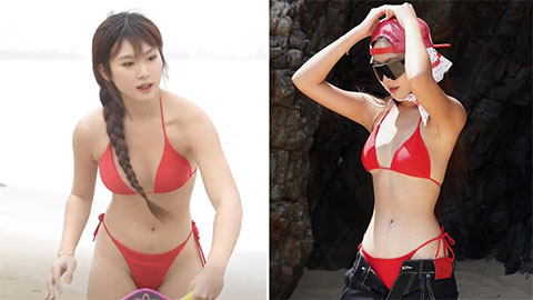 Em Kim vén váy lại gây sốt khi mặc bikini chơi pickleball trên biển