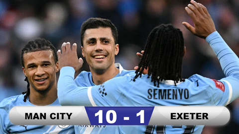 Kết quả Man City 10-1 Exeter: Tỷ số kinh hoàng