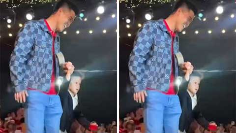 Duy Mạnh dắt tay con trai lên trao nhẫn cho chú rể Đức Huy và cô dâu Huyền Trang