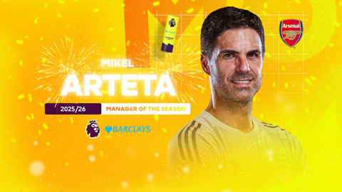 Mikel Arteta giành giải HLV xuất sắc nhất mùa tại Premier League 2025/26