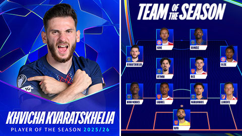 Kvaratskhelia xuất sắc nhất Champions League, Arsenal và PSG áp đảo đội hình tiêu biểu